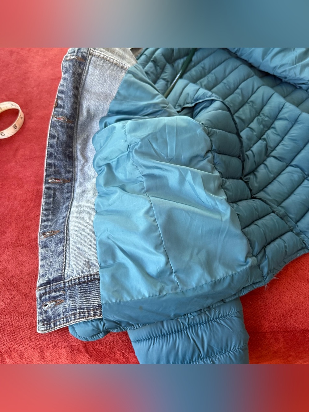 Melya Melody Paris Puffer Jacket Denim Trim Teal Quilted Layered Look Women's M - Picture 9 of 9
